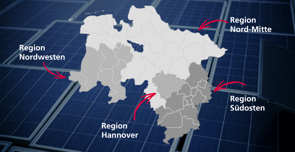 Niedersachsenkarte auf der vier Regionen markiert sind: Nordwesten, Hannover, Südosten und Nord-Mitte