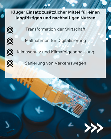 Kluger Einsatz zusätzlicher Mittel für einen langfristigen und nachhaltigen Nutzen. 1. Transformation der Wirtschaft. 2. Maßnahmen für Digitalisierung. 3. Klimaschutz und Klimafolgeanpassung. 4. Sanierung von Verkehrswegen.
