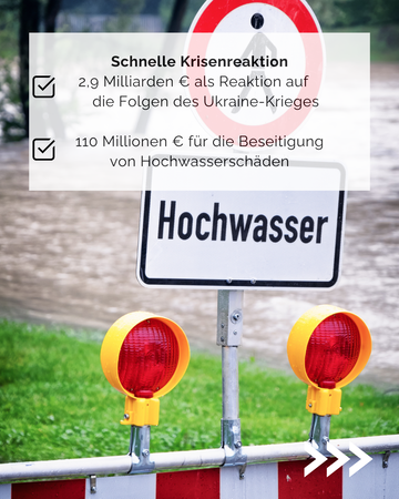zu sehen ist ein Warnschild vor Hochwasser. Text: Schnelle Krisenreaktion: 1. 2,9 Millarden Euro als Reaktion auf die Folgend es Ukraine-Krieges. 2. 110 Millionen Euro für die Beseitigung von Hochwasserschäden