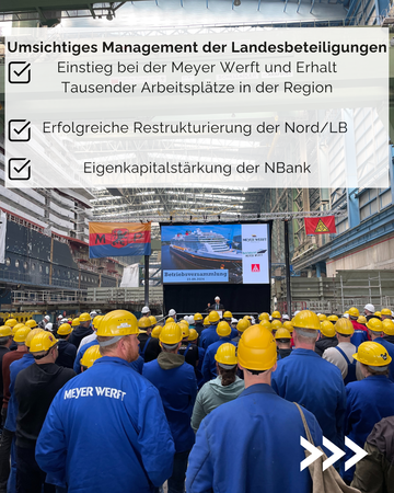 Umsichtiges Management der Landesbeteiligungen: 1. Einstieg bei der Meyer Werft und Erhalt Tausender Arbeitsplätze in der Region. 2. Erfolgreiche Restrukturierung der Nord/LB. 3. Eigenkapitalstärkung der NBank