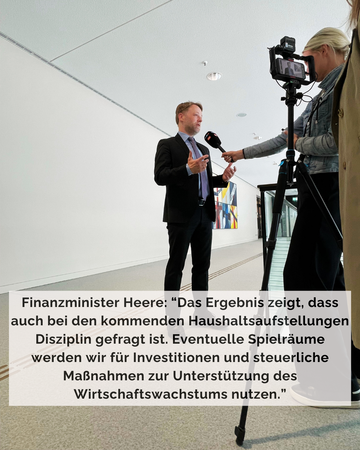 Minister Heere im Interview mit TV: "Das Ergebnis zeigt, dass auch bei den kommenden Haushaltsaufstellungen Disziplin gefragt ist. Evtl. Spielräume werden wir für Investitionen und steuerliche Maßnahmen zur Unterstützung des Wirtschaftswachstum