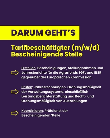Darum geht's: ERstellen von Bescheinigungen, Stellngnahmen und Jahresberichte für EGFL und ELER, Prüfen von Jahresrechnungen, Ordnungsmäßigkeit der Verwaltungssystem., Koordinieren des Prüfdienstes der Bescheinigenden Stellen
