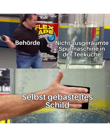 zusammengestelltes Bild mit einem Mann, Wasserbehälter und eine Hand, die etwas an eine Scheibe hält. Text im Foto: Wort Behörde auf dem Mann, "Nicht ausgeräumte Spülschine in Teeküche" vor Glasbehälter, "selbst gebasteltes Schild&q