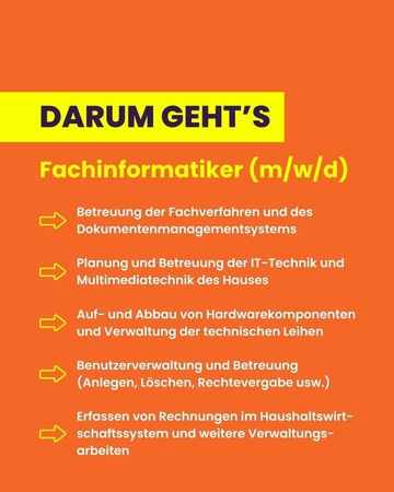 Betreuung Fachverfahren, DMS, Betreuung IT-Technik und Multimediatechnik des Hauses, Benutzerverwaltung, Erfassen von Rechnungen im Haushaltswirtschaftssystem und weitere Verwaltungsarbeiten
