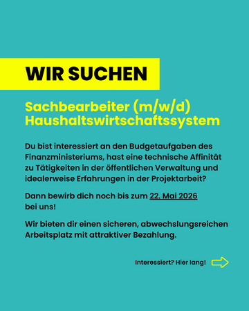 Wir suchen Sachbearbeiter (m/w/d) im Haushaltswirtschaftssystem. Bewerbungen bitte bis zum 22.05.2026.
