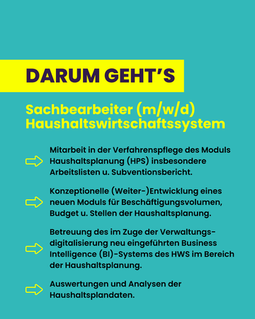 Mitarbeit in der Verfahrenspflege, Konzeptionelle (Weiter-)Entwicklung eines neuen Moduls, Betreuung des neu eingeführeten Business Intelligence-Systems und Auswertung und Analysen der Haushaltsplandaten