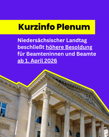 Kurzinfo Plenum, im unteren Teil des Bildes ist das Gebäude des Landtages zu sehen. Text: Niedersächsischer Landtag beschließt höhere Besoldung für Beamtinnen und Beamte ab 01.04.2026