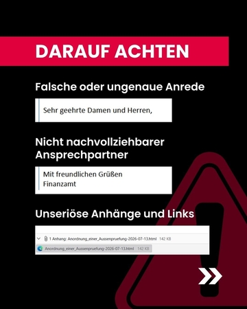 auf eine falsche oder ungenaue Anrede achten, nicht nachvollziehbarer Ansprechpartner und unseriöse Anhänge und Links