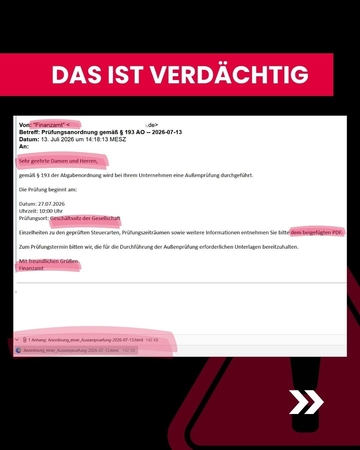 Das ist verdächtig: von "Finanzamt xxx" - Prüfungsort: Geschäftssitz der Gesellschaft - Hinweis auf beigefügtes PDF, Anhang ein html-Dokument!