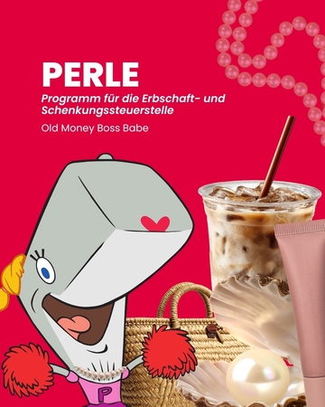 PERLE - Programm für die Erbschafats- und Schenkungssteuerstelle - Old Money Boss Babe. Das Bild zeigt ein Fantasiemädchen mit blonden Haaren, quadratischer, langer Nase. Im Hintergrund Eiskaffee, Korbtasche, Cremetube und eine Muschel mit Perle