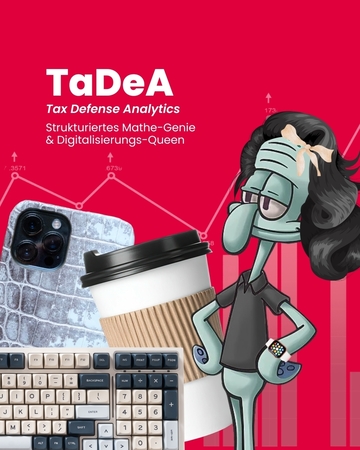 TaDeA - Tax Defense Analytics - Strukturiertes Mathe-Genie & Digitalisierungs-Queen. Bild zeigt ein Comic-Mädel, Hände in die Hüften gestemmt. es guckt abschätzend auf eine Tastur, einen Kaffeebecher und ein Smartphone