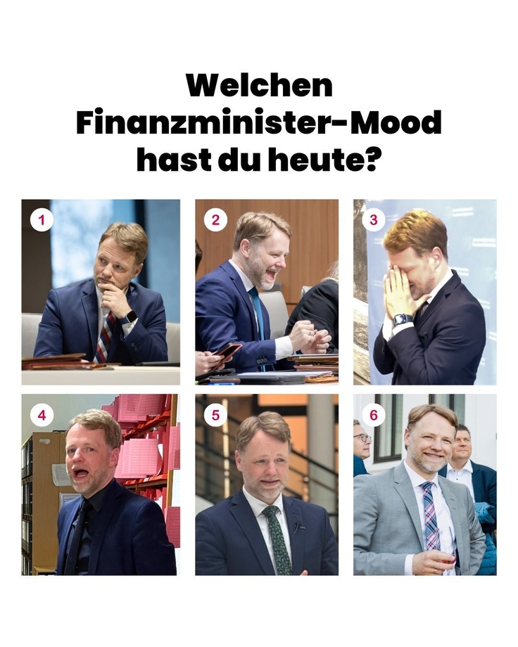 auf dem Bild sind 6 verschiedenen Fotos von Finanzminister Heere in verschiedenen Posen zu sehen.