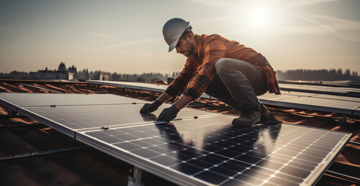 Dachdecker auf einem Dach montiert eine PV-Anlage