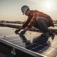 Dachdecker auf einem Dach montiert eine PV-Anlage