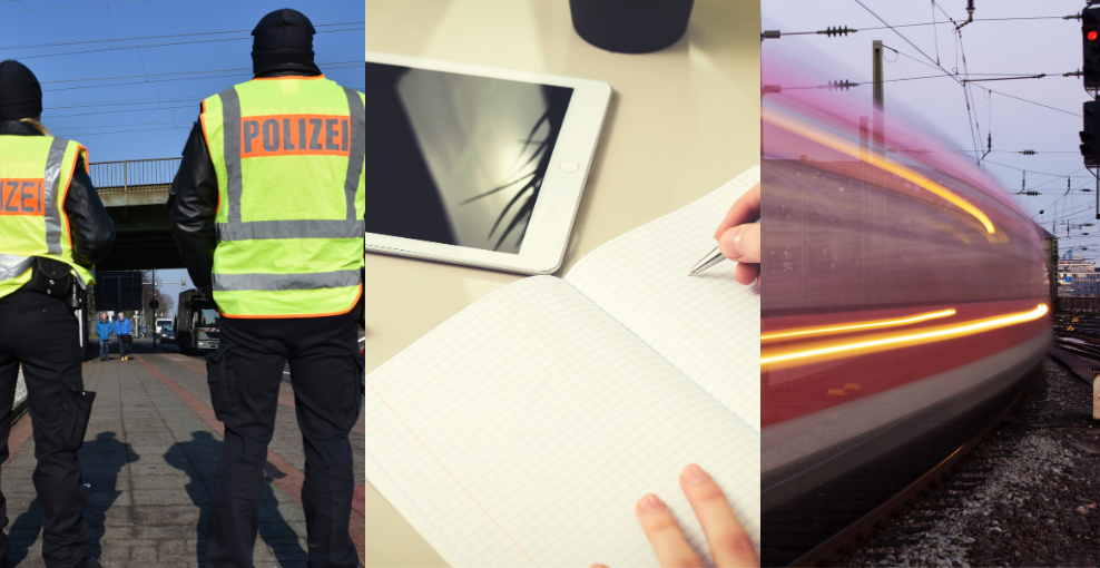 Dreibilder nebeneinander: Zwei Polzisten in Warnwesten von hinten, Detailansicht einer jungen Frau beim Schreiben in einem Heft mit IPad auf dem Tisch, fahrender Nahverkehrszug